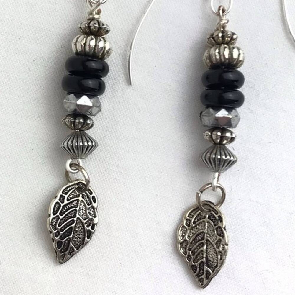 Drop Dangle Leaf Earrings Silver Black